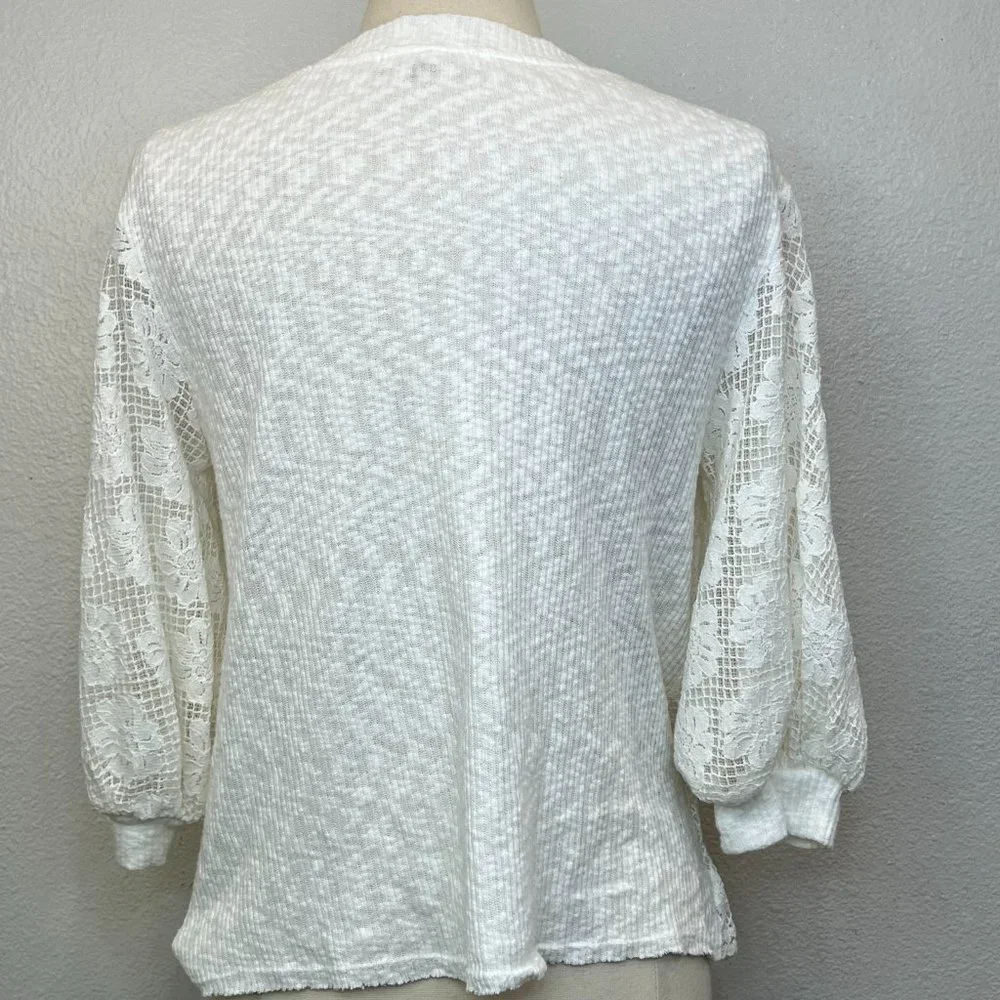 Athropologie Eri + Ali Ivory Lace Top Cotton Blend Top Blouse Puff‎ Sleeve Sz S